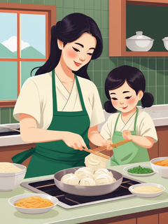 妈妈跟孩子包饺子的画面，卡通插画，绿色，创意，温馨画面，卡通图