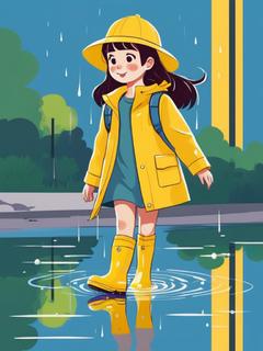 卡通插画，夏天，小女孩穿着黄色雨靴踩水坑，创意，卡通图