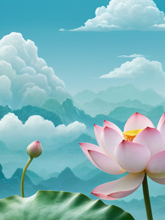 荷花、玉石材质、山水、祥云、水彩、玉雕、浅色青白调、底色淡、画质极佳、细节细腻、浅粉色荷花，3d渲染、超广角镜头