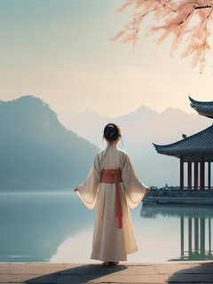 插图，极简主义，一位5岁的汉服女孩，梦幻般的画面，微妙的渐变，平静的和谐，负空间的优雅使用，平面设计启发的插图