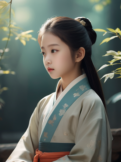 插图，极简主义，一位5岁的汉服女孩，梦幻般的画面，微妙的渐变，平静的和谐，负空间的优雅使用，平面设计启发的插图