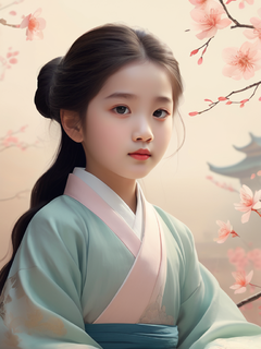 插图，极简主义，一位5岁的汉服女孩，梦幻般的画面，微妙的渐变，平静的和谐，负空间的优雅使用，平面设计启发的插图