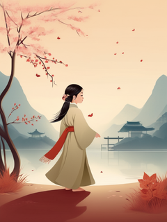 插图，极简主义，一位5岁的汉服女孩，梦幻般的画面，微妙的渐变，平静的和谐，负空间的优雅使用，平面设计启发的插图