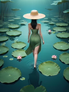 一个人，戴着草帽，行走在一片大荷叶中，莲子和花朵，水面，超现实主义风格，极简主义，明亮的彩色灯光，中国美学，干净的背景，超高的细节，3d渲染