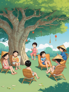 中国节日，24节气，夏至，夏天，一群小朋友在树荫下避暑，藤椅，童年