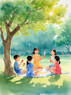 中国节日，24节气，夏至，夏天，午后，一群小朋友在树荫下避暑乘凉