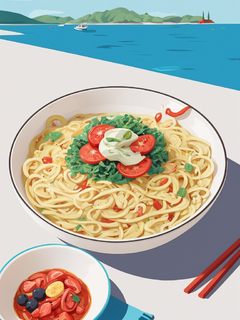 卡通插画，夏天，面条特写，创意，卡通图