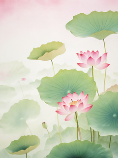 浅绿色的荷叶特写，粉红色的花朵，边缘柔和，背景模糊，呈现出中国传统绘画的风格