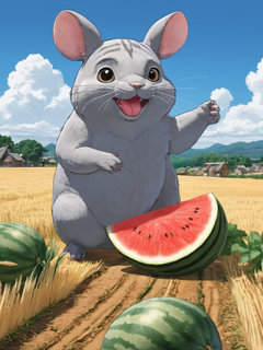 宫崎骏漫画中巨大的龙猫抱着一个西瓜，村庄，麦田，日本卡通风格，动漫风格，高分辨率，高质量，高细节，最好的杰作