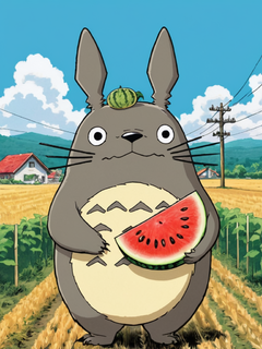 宫崎骏漫画中的龙猫抱着一个西瓜，村庄，麦田，电线杆，日本卡通风格，动漫风格，高分辨率，高质量，高细节，最好的杰作