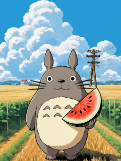 宫崎骏漫画中的龙猫抱着一个西瓜，蓝天白云，村庄，麦田，电线杆，日本卡通风格，动漫风格，高分辨率，高质量，高细节，最好的杰作