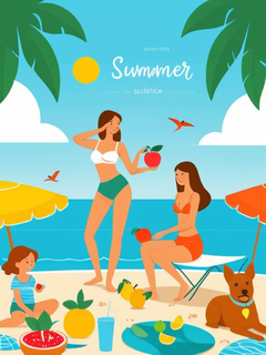 夏至场景海报，“summer”字样，孩子们和狗、沙滩野餐、水元素和插图风格的明亮水果，绿色、亮蓝色、8k