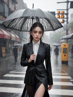雨天，花，透明雨伞，黑色西装女模特，忧郁，黑色，斑马线，艺术氛围