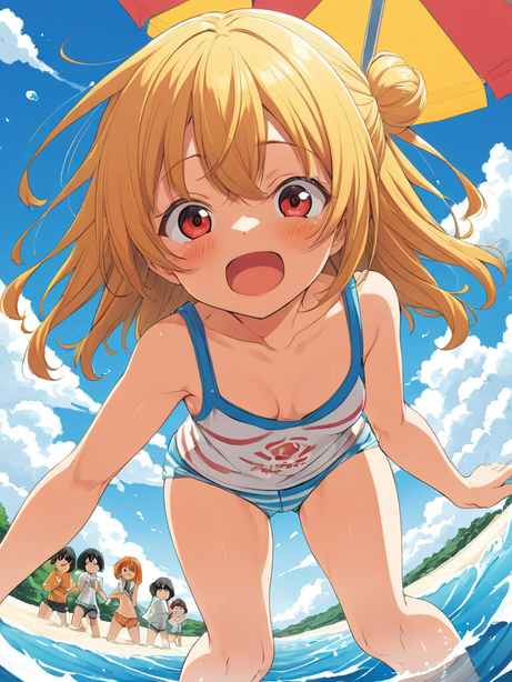 夏日河边的女生日系插画