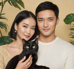 一张全家福头像，是一对情侣和两只猫。其中情侣是亚洲人黑色头发黑色眼睛、一只金渐层猫是蓝眼睛、一只美短起司猫是绿眼睛。画风可爱温馨，可以是手绘风