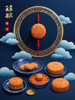 中秋节，中国传统，月亮，中式风格，深蓝色，祥云，海报，月饼套盒