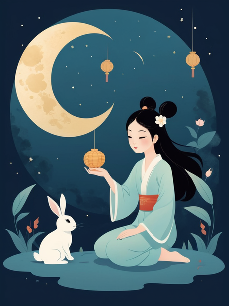 月亮下的玉兔与嫦娥国风插画