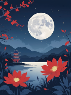 月满中秋，花好月圆，国风，红色和靛蓝
