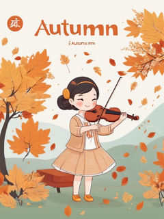 立秋，24节气，英文标题“Autumn”，叶子，中式美学，氛围，拉小提琴的小女孩，国风，卡通平面插画