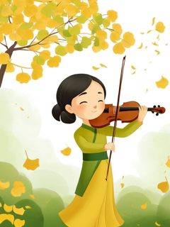 立秋，24节气，英文标题“Autumn”，绿色银杏叶，中式美学，氛围，拉小提琴的小女孩，国风，卡通插图