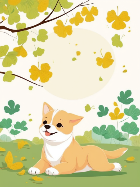 银杏树下的小狗卡通插图