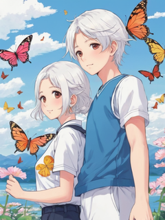 五彩蝴蝶与白发少年，日系漫画，动漫插画，二次元