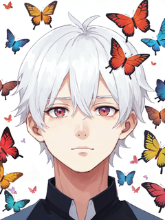 白发少年，五彩斑斓的蝴蝶，日系漫画，动漫插画，二次元