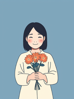 治愈系插画，日系，少女捧花，极简，可爱漫画，开心