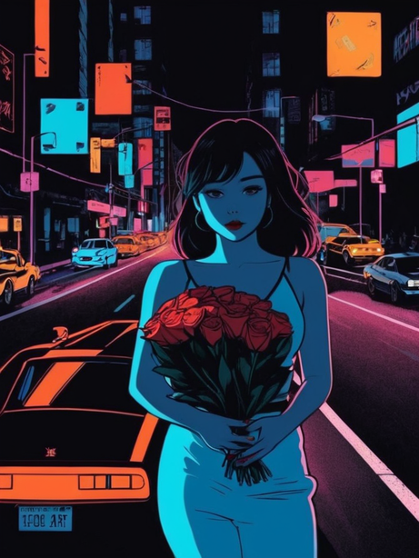 夜晚霓虹街道上的捧花女孩