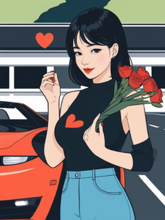 捧花，情人节，跑车，黑色吊带装，车流，女孩，极简