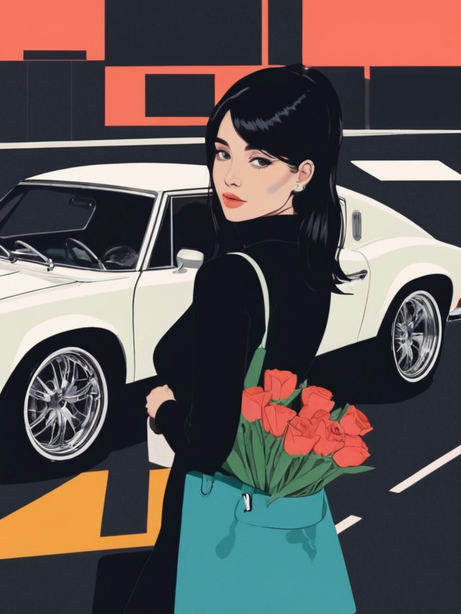 美女与跑车扁平漫画插图
