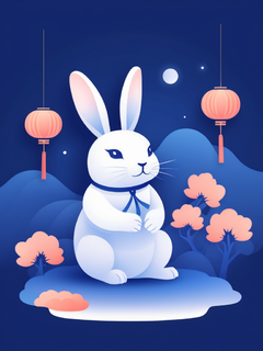 中秋节，白色玉兔插画，夜晚，简单矢量，扁平，靛蓝色渐变，中式美学
