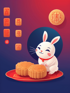 中秋节，白色兔子插画，夜晚，圆月，两盘月饼，简单矢量，扁平，靛蓝色和红色渐变背景，中式美学