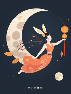 中秋节，古风飞天仙女插画，夜晚，圆月，简单矢量，扁平，兔子，中式美学，国风，艺术