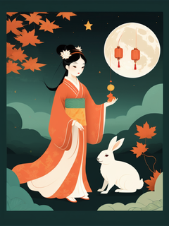 中秋节，古风仙女插画，月圆之夜，简单矢量，枫叶，玉兔，扁平，中式美学，国风