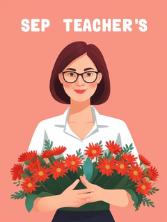 “9月10日”，teacher's day，教师节，幼儿园，老师胸带红花，矢量扁平，现代简约插画，感恩老师