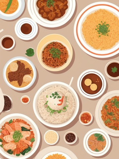 中式美学，一家老小团结饭，桌上有丰富的菜肴，简单矢量，国风插画，