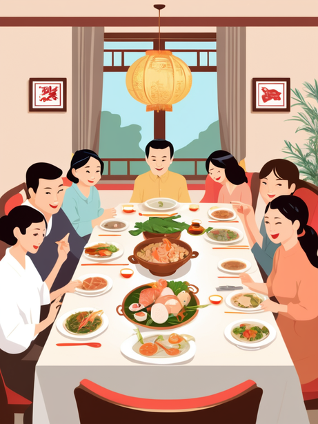 热闹的团圆饭场景现代矢量插画