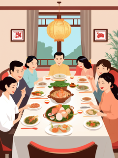 中式美学，团圆饭，餐桌，桌上有丰富的菜肴，一家人，热闹景象，简单矢量，国风插画，