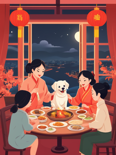 中秋节，窗外烟花绽放，团圆饭，桌上有丰富的菜肴，一家五口人和一只小狗，热闹景象，中式美学，简单矢量，国风插画