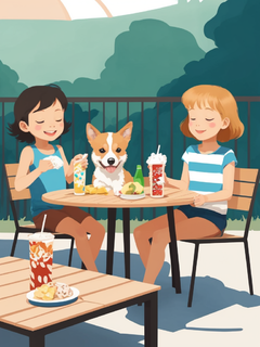 小朋友们户外玩闹场景，简单矢量，夏日，野餐桌上有冰汽水，甜品，一堆零食，狗狗趴在一旁，宁静美好的氛围
