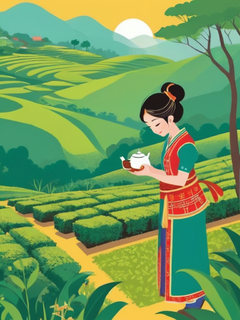 茶园，采茶叶的少女，少数民族服饰，矢量图，清新，扁平插画，阳光下