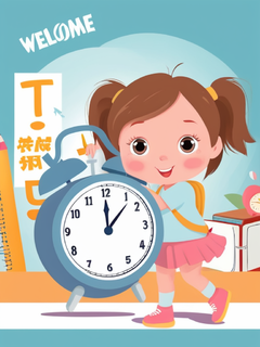 开学季，开学海报，矢量现代，入学仪式，欢迎新生，青春，积极向上，创意，巨大的小女孩可爱形象，闹钟，学习工具矢量插图