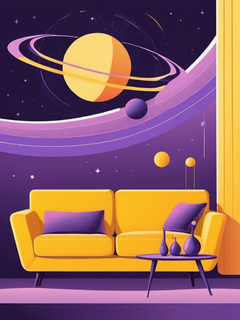 简约插画，线条插图，紫色星球，太空场景，黄色沙发，未来主义
