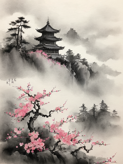 以灰白色的雾和云雾为背景，隐约可见若隐若现的量多粉色花，水墨，高分辨率和精细的细节处理，细腻，超精，浩瀚，高对比度