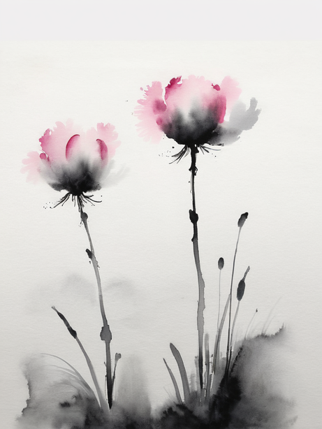 雾海里的粉色花极简水墨画