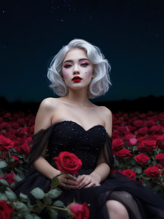 一个神秘的女孩坐在一片满是鲜艳玫瑰的花海中。她的头发被月光染成银白色,她穿着一件黑色的连衣裙,它在月光下闪闪发光。她的眼睛深邃而迷人,她的嘴唇上涂着红色的口红。她的背后是一片深黑的夜空,点缀着无数的星星。