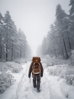 冬日的山林间，白雪覆盖着大地，一片银白世界。林间的小径上，一位行者背着沉重的背包，踏着深深的雪层艰难前行。虽然寒风呼啸，但他仍坚定地走向远方，探寻着未知的世界