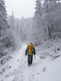冬日的山林间，白雪覆盖着大地，一片银白世界。林间的小径上，一位行者背着沉重的背包，踏着深深的雪层艰难前行