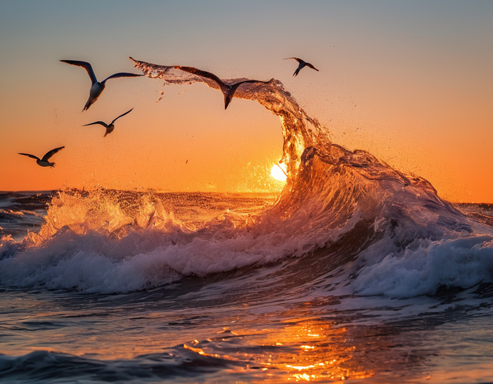 金色夕阳下的翻滚海浪摄影图